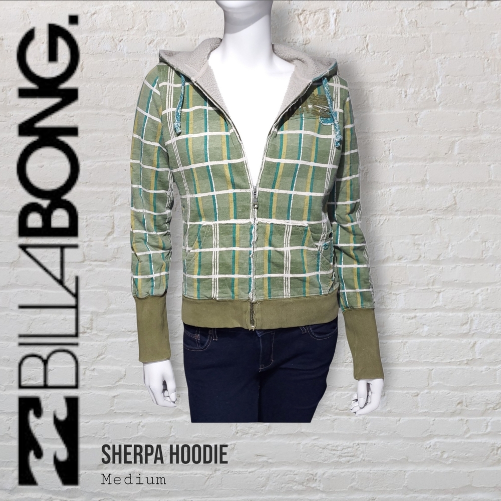 Billabong Green Plaid Zip Up Hoodie Sherpa-Linee Women's Medium